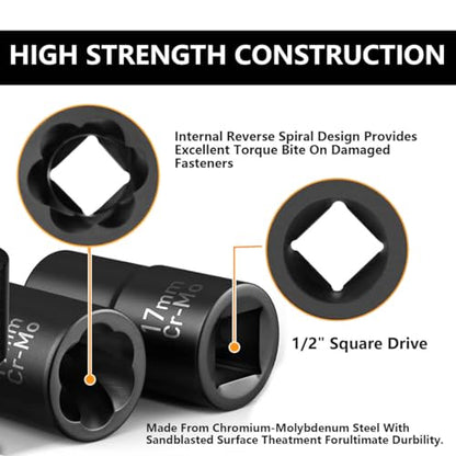 Greywolf 5 pcs Wheel Nut Removal Tool Set, 1/2 Inch Impact Torque Socket Set and Bolt Extractor Set, Wheel Lock Removal Kit, Torque Socket Set for Damaged, Frozen, Rusted Round Bolts, Metric 17-22mm - size: 5 pcs