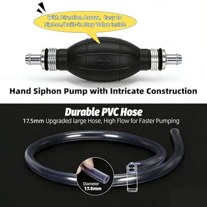 Hand Siphon Pump - Fuel Transfer Pump, Portable Gasoline Transfer Pump with 10 Ft PVC Hoses, Gas Siphon Pump for Water, Diesel, Petrol, Liquid, for Car, Boat, Lawn Mower