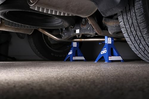 OTC S03 3-Ton Jack Stands - 3-Ton Capacity; 17-11/16" Max. Height; 12" Min. Height; 8-1/4" x 7-1/2" Footprint Square Base; 11 Tooth Ratcheting Adjustment; 1" x 3-1/2" V-Notch Saddle - Pair - size: 3-Ton