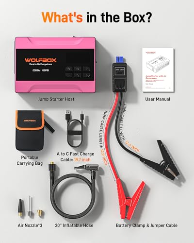 WOLFBOX 2000A Jump Starter with Air Compressor, 37Wh Car Battery Booster Jumper Starter Portable(up to 5L Gas Engine), 12V Jump Box Pack with 150PSI Tire Inflator, Jumper Cables, LED Light — Hot Pink - color: Hot Pink