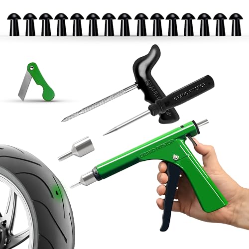 GRAND PITSTOP Tubeless Tire Gun Puncture Repair Kit with Mushroom Plug for Tyre Punctures and Flats on Cars, Motorcycles, ATV, Trucks & Tractors (Gun Puncture kit 15 Plugs, Green) - color: Gun Kit+ 15 Plugs, size: Gun Kit+ 15 Plugs
