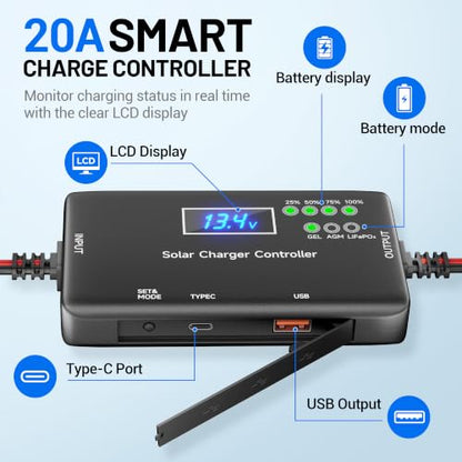 Voltset 100W Solar Panel Kit - 12V Solar Battery Charger with 20A Smart Charge Controller - Monocrystalline Solar Trickle Charger for RV Battery Car Boat Marine Trailer Camper and Off Grid System - size: 100W Kit