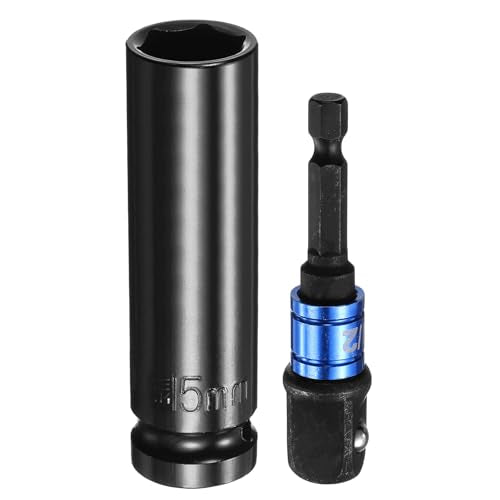 HARFINGTON Deep 6-Point Impact Socket 1/2" Drive 15mm Metric Socket 3" Length with 1/4" Hex Shank Adapter, CR-V Steel Socket Adapter Accessory Tool Set Kit for Hex Bolts Nuts - size: 15mm