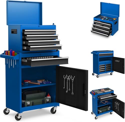 Goplus Tool Chest, 5-Drawer Rolling Cabinet with Detachable Top Toolbox, Lockable Wheels, Lock Bar, Protective Liner & Tool Rack, Metal Storage Cart for Garage Workshop - color: Blue, style: 5-Drawers