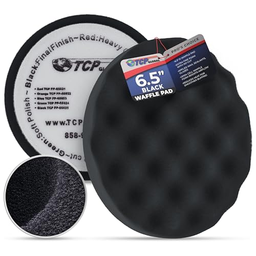 TCP Global 6.5" Black Waffle Foam Buffing Pad Hook and Loop Backing - Final Finishing Pad for Polishing, Automotive, Marine, Truck, RV & Compound Cutting, Car Polishing Pads