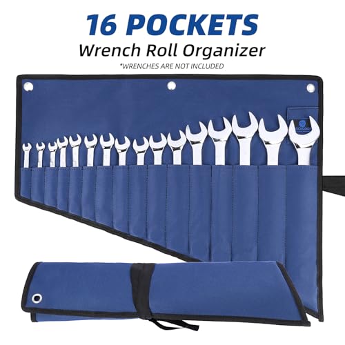 2 Pack 16 Pocket Wrench Roll Organizer, Blue & Green – Waterproof Oxford Cloth Heavy Duty Tool Roll Bag for Wrenches/Screwdrivers (Tools NOT Included) - color: Blue+Green