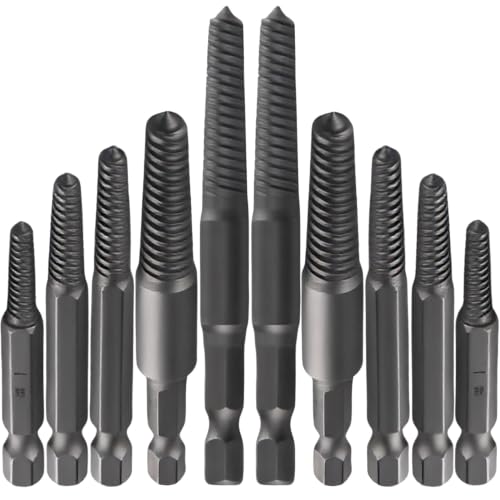 10 Pcs Damaged Screw Extractor Set – 1/4" Hex Shank Easy Out Drill Bit Kit for Broken Screws and Stripped Bolts – Bolt Removal Tool for Home Use