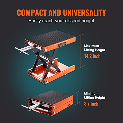 VEVOR Motorcycle Lift, 1100 LBS Motorcycle Scissor Lift Jack with Wide Deck & Safety Pin, 3.7"-13.8" Center Hoist Crank Stand, Steel Scissor Jack for Street Bikes, Cruiser Bikes, Touring Motorcycles | Steel Scissor Jack with Lock Pin, 3.7"-13.8" Center Ho