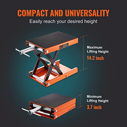 VEVOR Motorcycle Lift, 1100 LBS Motorcycle Scissor Lift Jack with Wide Deck & Safety Pin, 3.7"-13.8" Center Hoist Crank Stand, Steel Scissor Jack for Street Bikes, Cruiser Bikes, Touring Motorcycles | Steel Scissor Jack with Lock Pin, 3.7"-13.8" Center Ho