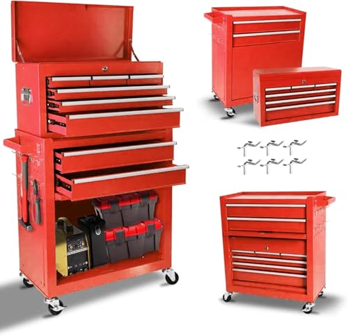 8 Drawers Rolling Tool Chest, 2-in-1 Detachable Metal Tool Storage Cabinet with Wheels, Lockable Tool Cart with Hooks for Garage, Workshop or Salon Use, Red - color: Red, size: 8 Drawers