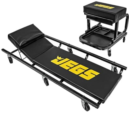 JEGS Creeper and Mechanic Seat Set | Memory Foam Padding | Black Logo | 350 LBS Capacity | 2" Caster Wheels