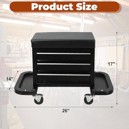 Rolling Stool Mechanic Creeper Shop Stools with Wheels Rolling Tool Chest with 3 Drawers and 2 Fold-Down Side Trays, Universal Wheels and Seat Cushion for Garage, Black