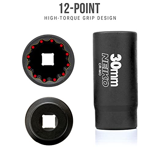 NEIKO 02522A 30mm Socket | 1/2” Drive Deep Impact Socket | Spindle & Axle Nut Socket | 12 Point |Chrome Molybdenum Cr-Mo |Deep Well Hub | Triple Square | Axle Shaft Nut Remover - size: 30 mm (Single)