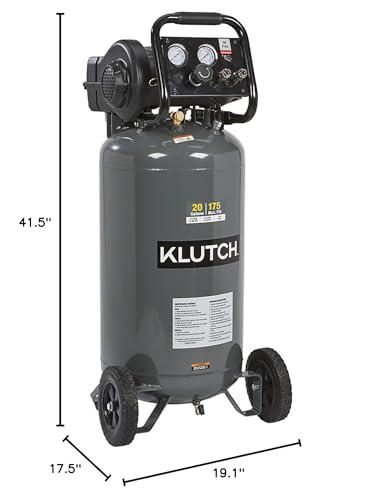 Klutch 20-Gallon Air Compressor, 2 HP, 120V, 175 PSI, 4.2 SCFM at 90 PSI | Oil-free vertical design, 75% duty cycle, Large wheels, Easy-access tank drain, Quick recovery for shop air tools - size: 20 Gallon