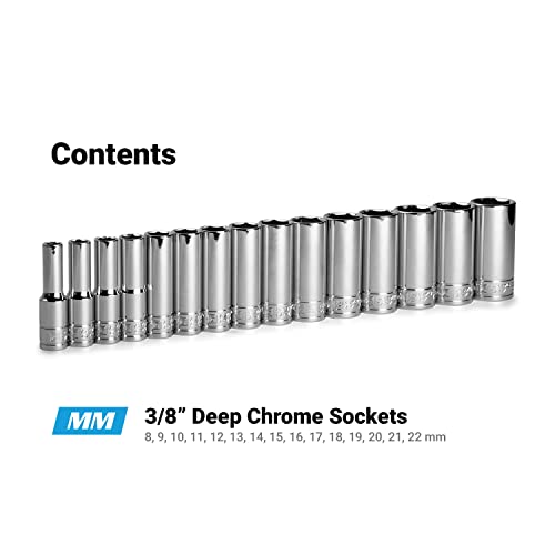 Capri Tools 3/8 in. Drive Deep Chrome Socket Set, 6-Point, 8 to 22 mm, 15-Piece - size: Deep Set / 8-22 mm