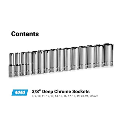 Capri Tools 3/8 in. Drive Deep Chrome Socket Set, 6-Point, 8 to 22 mm, 15-Piece - size: Deep Set / 8-22 mm