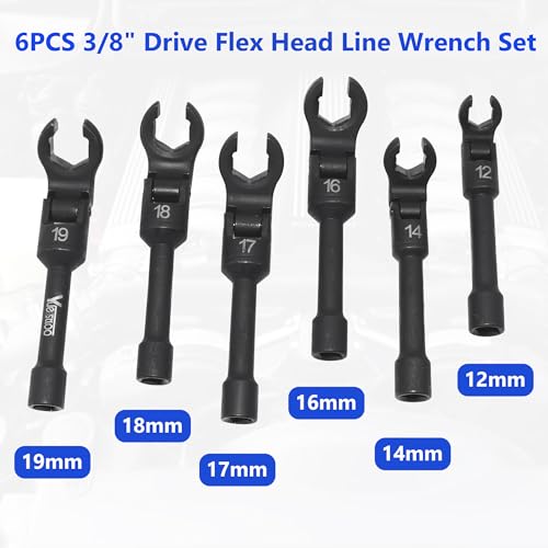 6PCS Long Flex Head Crows Foot Line Wrench Set with 3/8" Drive, Diesel Injector Fuel Line Sockets Wrench Set, Metric Crowfoot Wrenches for 12/14/16/17/18/19mm Nuts with 180° Flexible Head - size: 6pcs
