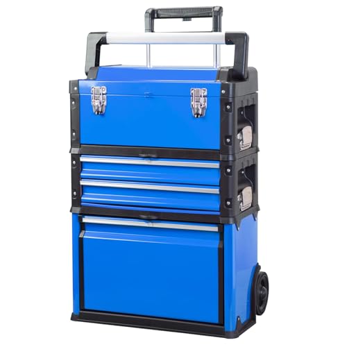 Stackable Rolling Tool Box Portable Metal Toolbox Organizer with Wheels and 2 Drawers Separate Rolling Upright Trolley Tool Chest for Garage or Workshop, Blue - color: BLUE