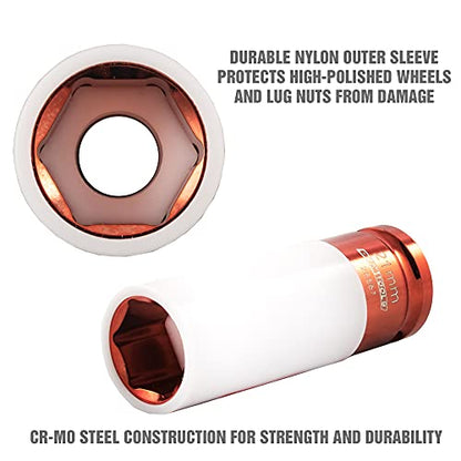 OEMTOOLS 25567 21MM Lug Nut Socket, 21 mm Socket 1/2 Drive for Wheel Service, Non-Marring Sleeve, Thin Wall, CR-MO Steel for Impact Tools, 400 Ft-Lb Max Torque - size: 21mm (1 Piece)