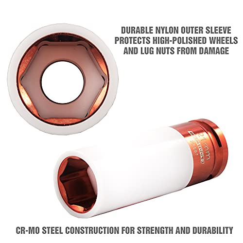OEMTOOLS 25567 21MM Lug Nut Socket, 21 mm Socket 1/2 Drive for Wheel Service, Non-Marring Sleeve, Thin Wall, CR-MO Steel for Impact Tools, 400 Ft-Lb Max Torque - size: 21mm (1 Piece)