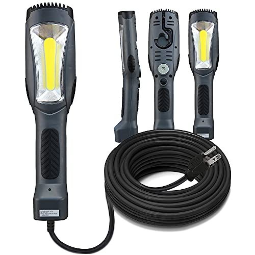 Portable Corded LED Work Light with Outlet in Handle, COB LED, 1600 Lumen 15ft 116AWG 3C SJTW Cord Handheld Outdoor Work Light, Magnetic on Back - color: Gray, size: 15ft