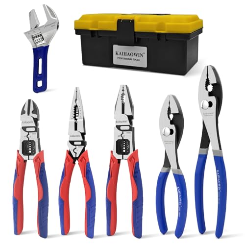 KAIHAOWIN 6-Piece Tool Set with Case, 8.8” Long Nose, 8.8” Linesman, 8” Diagonal, 6“ Adjustable Wrench, 8”&10” Slip Joint Pliers for Repairing & Home Use - color: Repairing Set