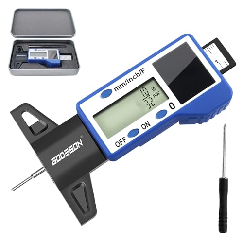 GODESON Digital Tire Tread Depth Gauge – 3 Modes-Fraction/Inch/MM Display, Solar & Battery Hybrid,1” (25.4mm/32NDS) Range, Blue Tire Wear Measure Tool for All Vehicles (Car, Truck, SUV) - style: IN/MM/FRAC - Blue