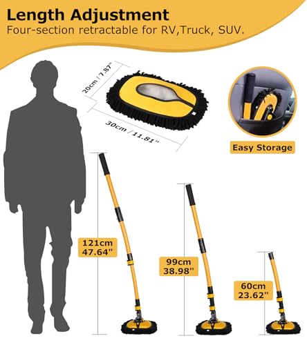 anngrowy 47.64" Car Wash Brush Mop Kit Mitt Sponge with Long Handle Car Cleaning Supplies Kit Tools Car Washing Duster Exterior Scratch Free, Chenille Replacement Head Extension Pole - color: Black 2
