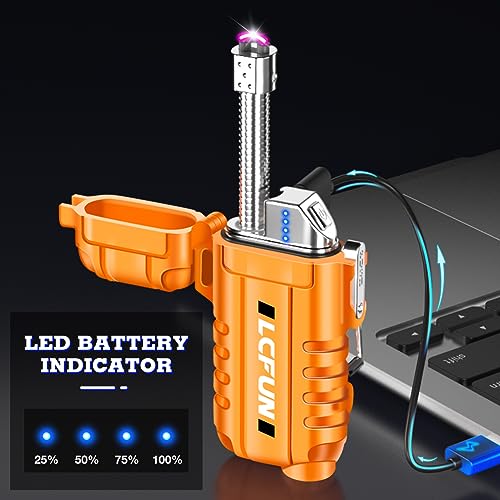 LcFun USB Rechargeable Electric Arc Lighter Windproof Plasma Lighters with LED Battery Display, Waterproof Matches with Flashlight for Camping, Survival Tactical Gear - color: Orange, style: Flexible Arc With Flashlight