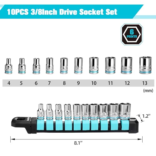 DURATECH 1/4" Drive Socket Set, Metric Socket Set 10PCS, Mechanic Metric Socket Sets with Storage Rack, 6-Point Shallow Socket Set, 4mm, 5mm, 6mm, 7mm, 8mm, 9mm, 10mm, 11mm, 12mm, 13mm - size: 1/4 inch