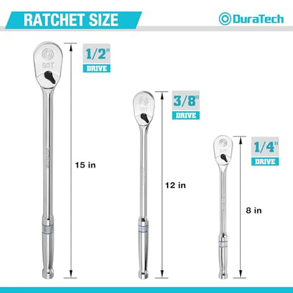 DURATECH 3-Piece Extra Long Drive Ratchet Handle, 1/4", 3/8", 1/2" 90-Tooth Ratchet Wrench with Dust Proof Teardrop Enclosed Head, Reversible, CR-V Steel Made, CR-MO Head, Full Polished, Gifts for Men - size: 1/4", 3/8", 1/2" Combo Kit