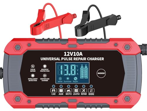 Car Battery Charger 12V 10A - 3-Stage Automatic Trickle Charger Smart Battery Maintainer with LCD Display, Pulse Repair for CAR/AGM/Moto/LiFePO4 Batteries, Compatible with Car Motorcycle ATV - color: Red-Gray