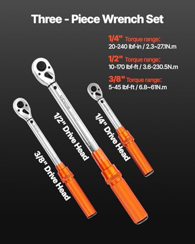 VEVOR 1/4 3/8 1/2 Inch Drive Torque Wrench, 3Pcs Click Torque Wrench Set 20-240IN-LB, 5-45FT-LB, 10-170FT-LB, Dual-Direction Adjustable 72 Tooth for Bicycle, Moto and Car Maintenance - size: 1.7-20 FT.LB, 5-45 FT.LB, 10-170 FT.LB, style: 1/4, 3/8, 1/2-Inc