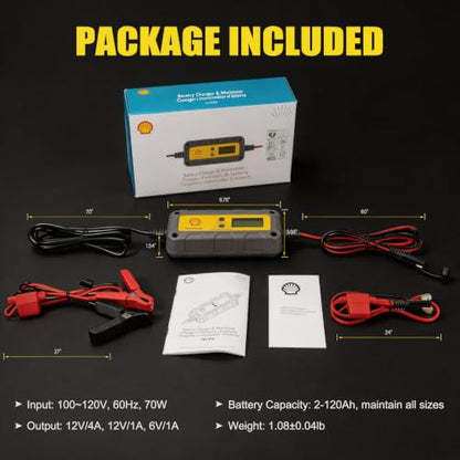 Shell Car Battery Charger 6V/12V- Smart Battery Charger 4A/1A with LCD Display, Automatic Lithium & Lead-Acid Tickle Charger Maintainer & Desulfator for Car Motorcycle Lawn Mower Boat Deep Cycle