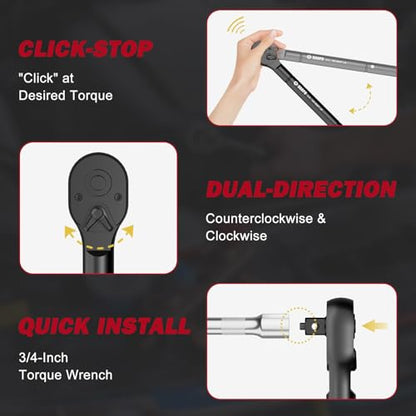 VANPO 3/4-inch Drive Click Torque Wrench, 100-800Ft-Lb, for Car, Truck | 135.5-1084Nm,48.03'' Length, Dual-Direction,48-Tooth, Heavy Duty Torque Wrench Set with a Hex Key for Tractor - size: 3/4-Inch(100-800Ft-Lb/135.5-1084Nm)