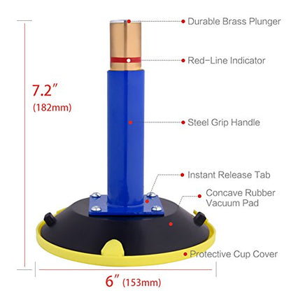 IMT 6" Vacuum Suction Cup Glass Lifter 2 Pack, Heavy Duty Vertical Hand-held Cups for Flat to Curved Surfaces, Metal Handle and Brass Pump, with Protective Cover - color: Blue