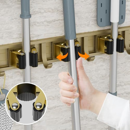 reliahom Broom Holder Wall Mount Mop Hanger Tools organizer 5Racks 4Hooks | Adjustable Mop Broom Wall Hanging Heavy duty Tools Storage Rack Space-saving for Garage,Kitchen,Laundry Room,Garden, Bronze - color: Bronze