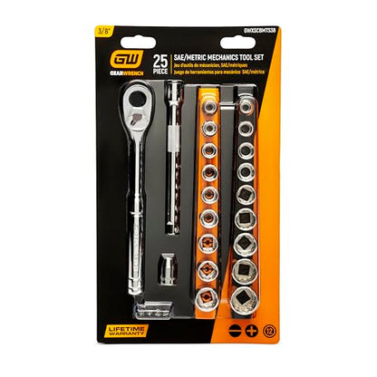 GEARWRENCH Mechanics Hand Tool Set, 25 Pc, 3/8 in Drive, Socket Rail and Bit Holder, Metric/SAE | GWXSCBMTS38 - size: 25 Piece, style: SAE/Metric