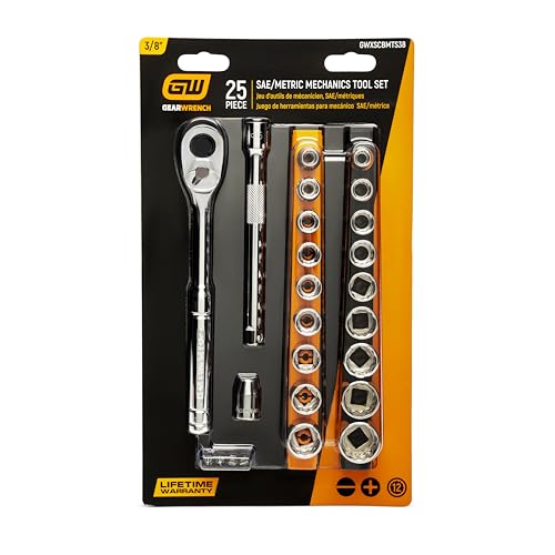 GEARWRENCH Mechanics Hand Tool Set, 25 Pc, 3/8 in Drive, Socket Rail and Bit Holder, Metric/SAE | GWXSCBMTS38 - size: 25 Piece, style: SAE/Metric
