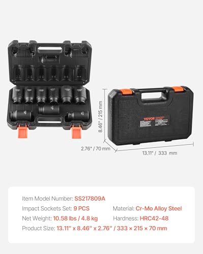 VEVOR 1/2" Drive Impact Socket Set, 9 Piece Deep Socket Set Metric 29-38mm, 6 Point Cr-Mo Spindle Axle Nut Impact Socket Set for Auto Repair,Easy-to- Read Size Markings, Includes Storage Case - style: 1/2" 9PCS CR-MO