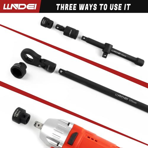 LLNDEI 3/8" Drive Stubby Impact Socket Set Metric 6-19mm, 19-Piece Cr-Mo Nano Socket Set with 2 Extension Bars (6" & 15"), Universal Joint & Ratchet Wrench for Tight Space Access