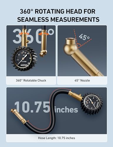 AstroAI Tire Pressure Gauge for Cars with Large 2" Dial, Solid Brass with Rubber Hose, Air Bleeder Valve, ANSI B40.1, 0-60PSI - size: 0-60PSI