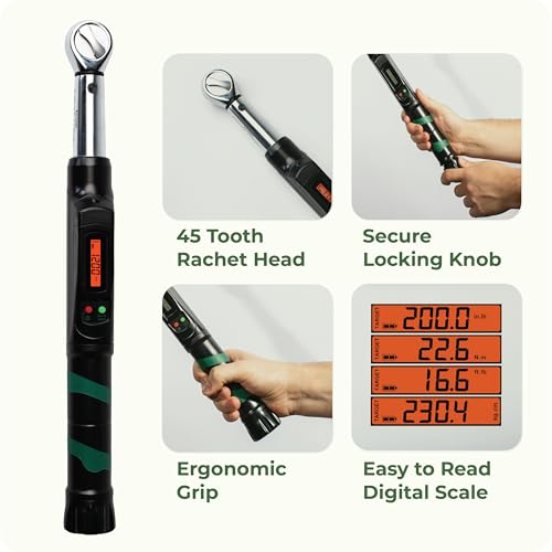 eTORK 3/8" Digital Torque Wrench, 25-250 in-lb Electronic Precision Tool | 3/8" Drive With Backlit Display For Lawn Mower, Chainsaw, Motorcycle, Bicycle Components & Low Torque Fasteners - size: 3/8-Inch, style: 25-250 in.-lb
