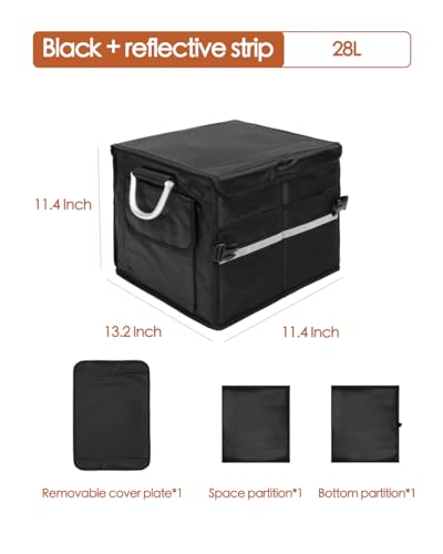 Small Trunk Organizer With Lid, For SUV Car Truck, Black 28L, Foldable Waterproof Oxford Fabric, 2-Compartments With Aluminium Alloy Handle