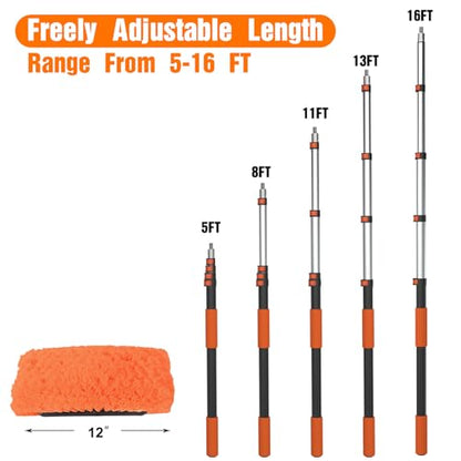 LAANPOLE 16FT Car Wash Brush with Long Handle, Car Cleaning Kit with Soft Bristle Wash Brush, Microfiber Cleaning Mop, Window Squeegee, Mitt, Wheel Brush for RV, Truck, Boat, House Siding - size: 16FT