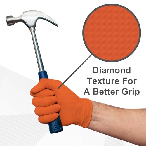 WECARE 8 Mil Nitrile Gloves - Heavy Duty Mechanic Gloves, with Diamond Grip - Powder and Latex Free Disposable Gloves - color: Orange, size: X-Large