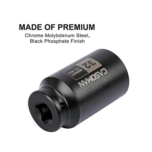 CASOMAN 1/2" Drive x 32 mm Deep 6 PT Impact Socket, CR-MO, 1/2-inch Drive 6 Point Axle Nut Socket for Easy Removal of Axle Shaft Nuts (32MM) - size: 32 mm (Deep), style: 6-Point Socket