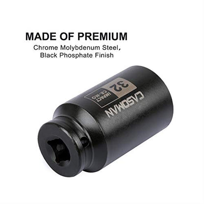CASOMAN 1/2" Drive x 32 mm Deep 6 PT Impact Socket, CR-MO, 1/2-inch Drive 6 Point Axle Nut Socket for Easy Removal of Axle Shaft Nuts (32MM) - size: 32 mm (Deep), style: 6-Point Socket