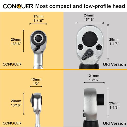 CONQUER 21-Piece 1/4" Drive Mini Ratchet Spline Socket Set, SAE/Metric | 72-Tooth Dual Head Ratchet, Quick Release & Spin Disc, CR-V Spline Sockets 6-13mm, S2 Bits, Knurled Grip, Portable Kit - style: 21 PC Spline Socket Set