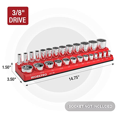 WORKPRO Magnetic Socket Organizer, 3/8-Inch SAE Socket Holder | Hold 26-Piece Sockets, Suitable for Standard and Deep Socket, Magnetic Base, No Scratches Installation, Sockets not Included - size: 3/8" DR - SAE